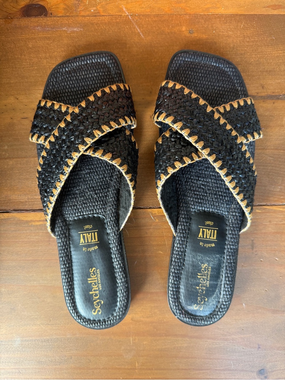 Seychelles Black Woven Slide Mules with Tan Stitching
